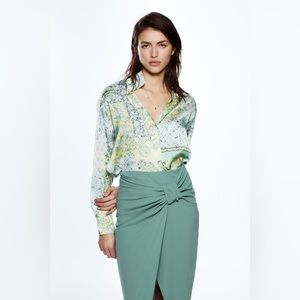 Zara Sea Green Ruched Midi Skirt NWT